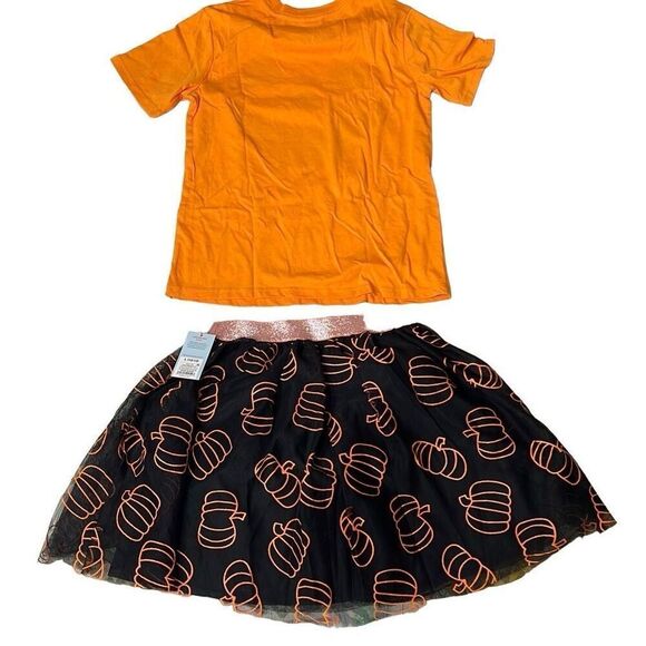 NWT Zoe + Liv Cat & Jack Kids' Orange Black Pumpkin Print Mesh Skirt Set Small H - Picture 2 of 5